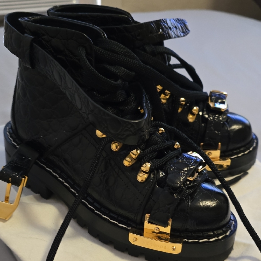 Versace Black and Gold Combat Moto Boots